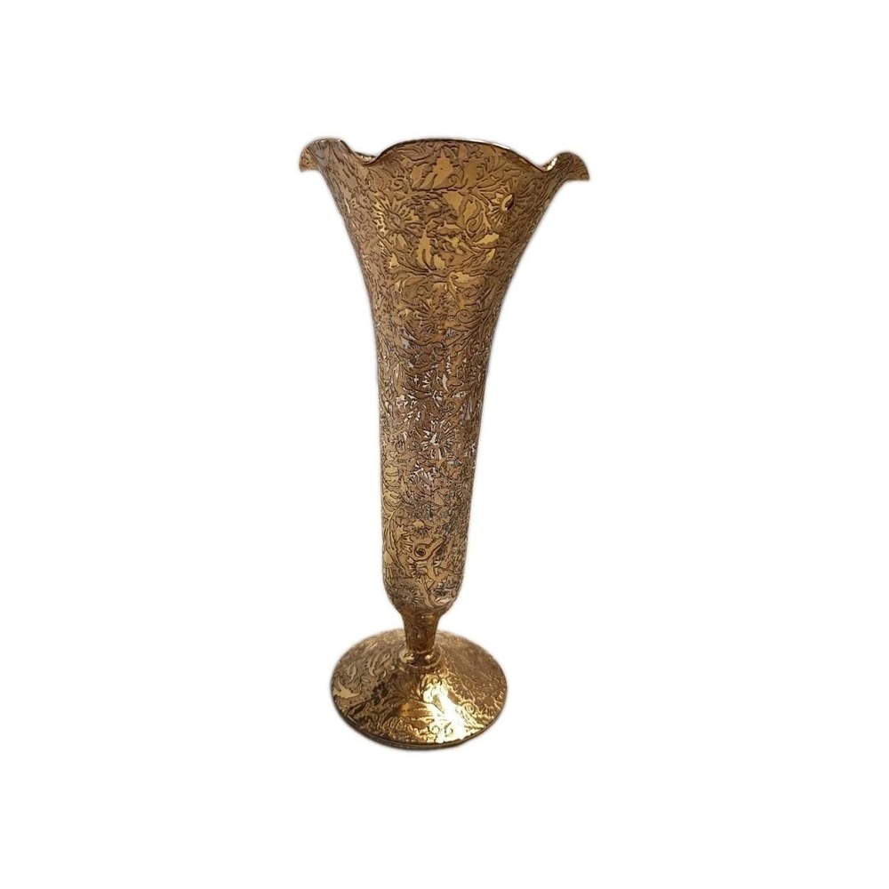 Vintage Gold Etched Glass Bud Vase Ruffled Scalloped Trumpet Floral Pedestal 8in